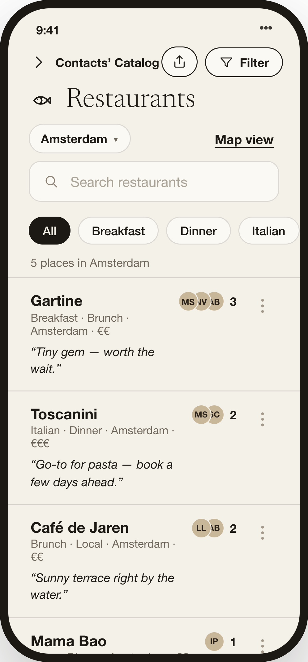 Restaurants, sorted by most recommended