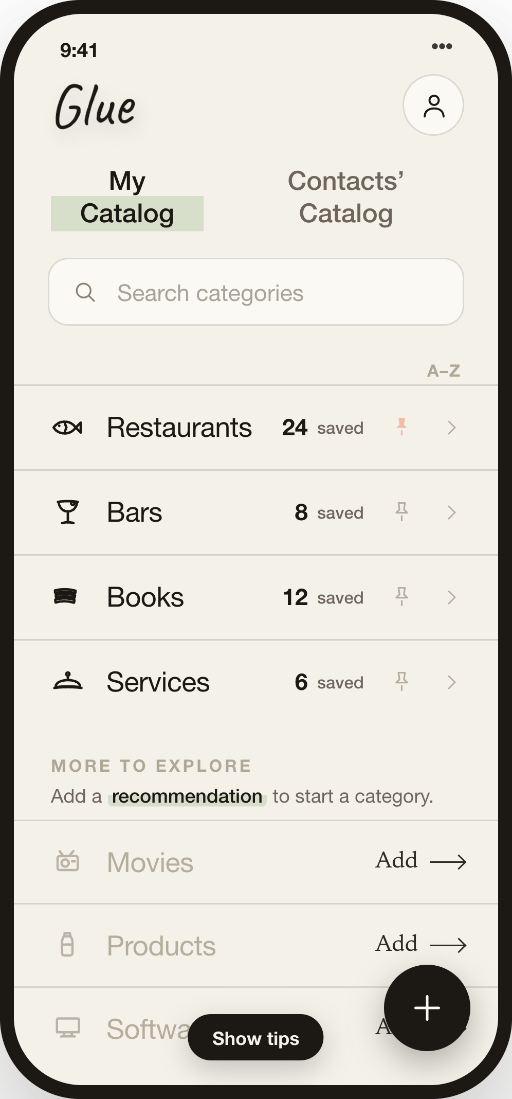 My Catalog — saved categories